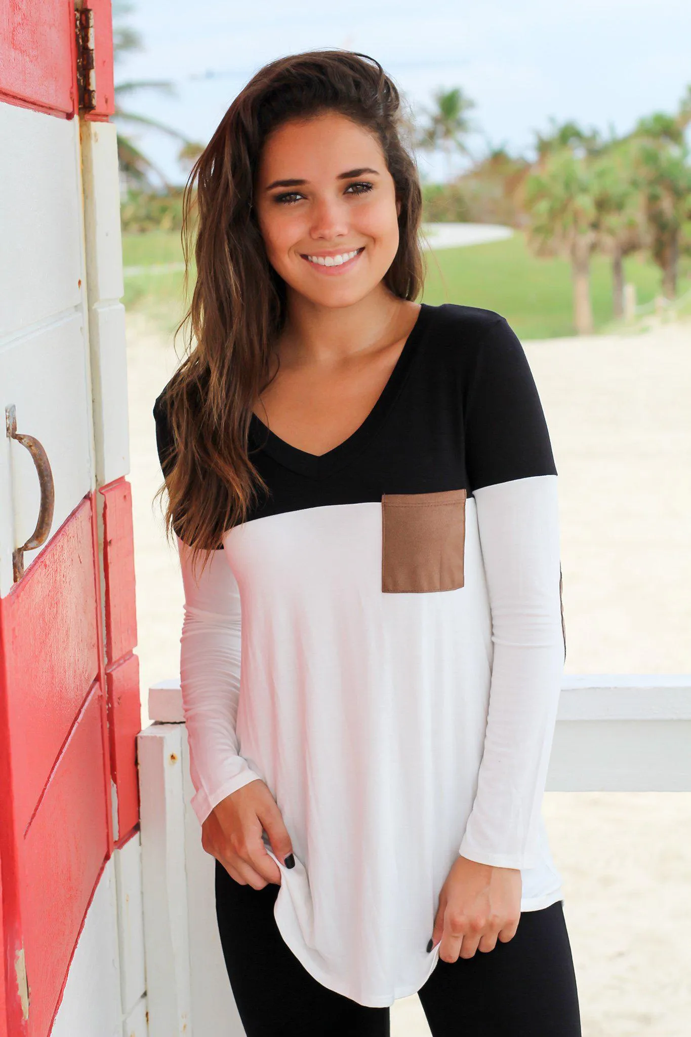 Black and White Top with Elbow Patches