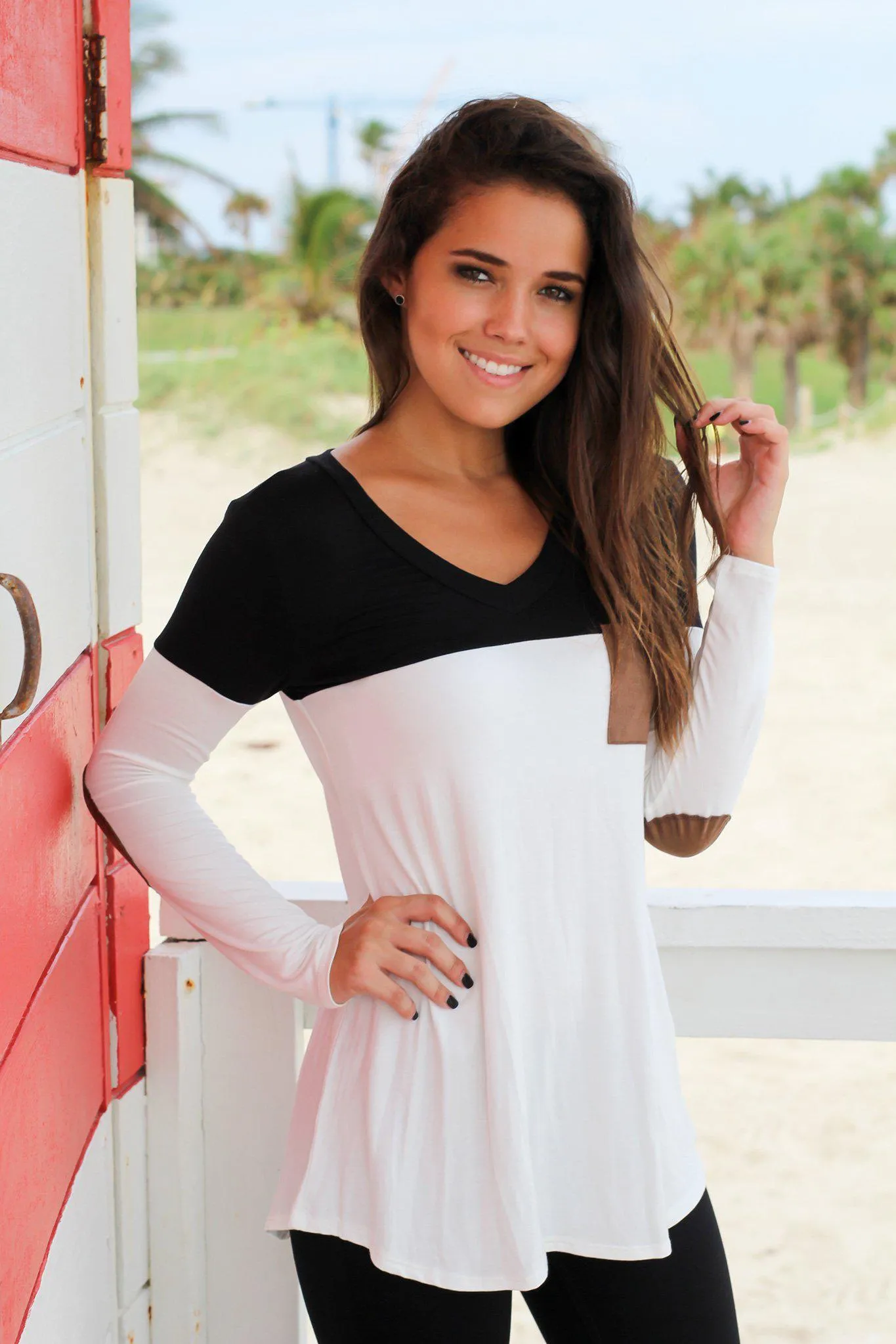 Black and White Top with Elbow Patches