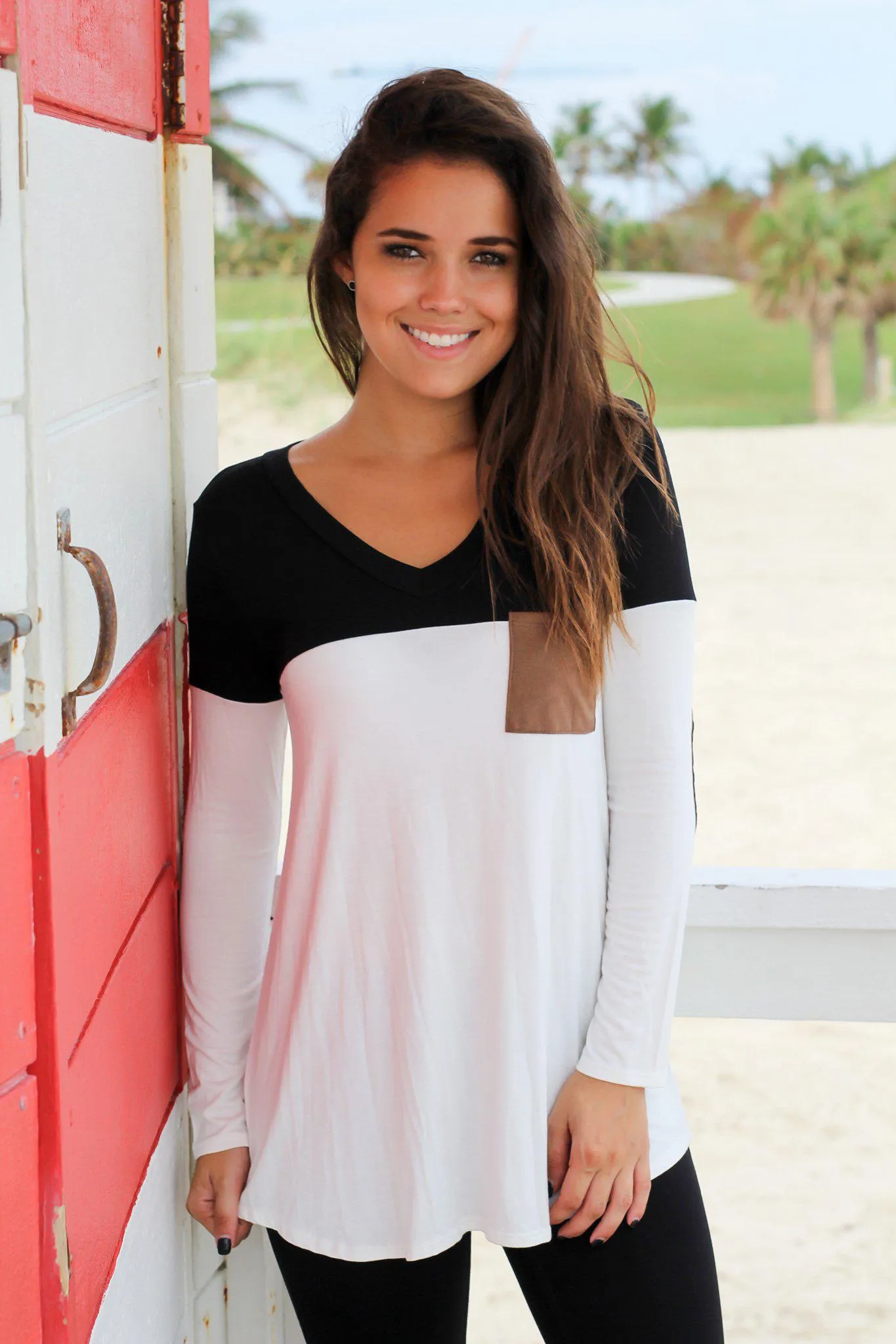 Black and White Top with Elbow Patches