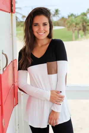 Black and White Top with Elbow Patches