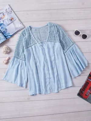 Blue Crochet Bell Sleeve Button-Up