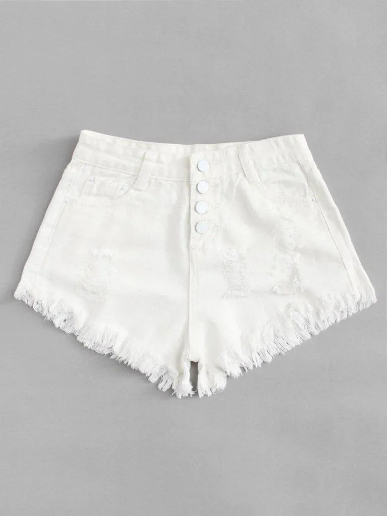 Button Up Raw Hem Denim Shorts