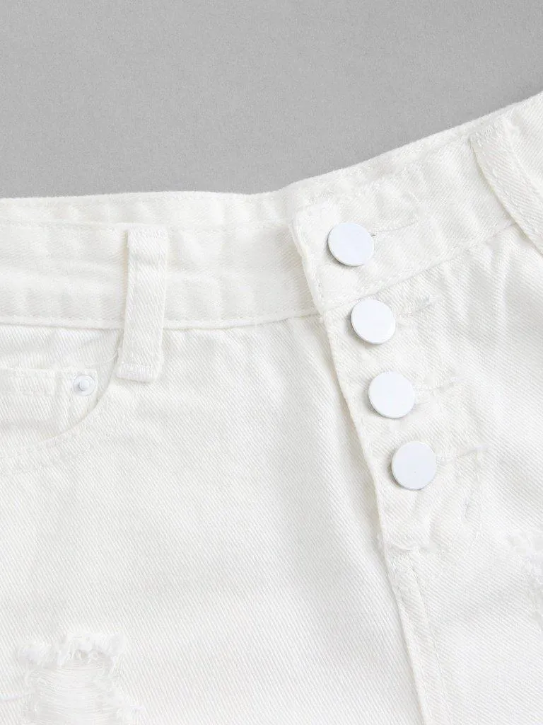 Button Up Raw Hem Denim Shorts
