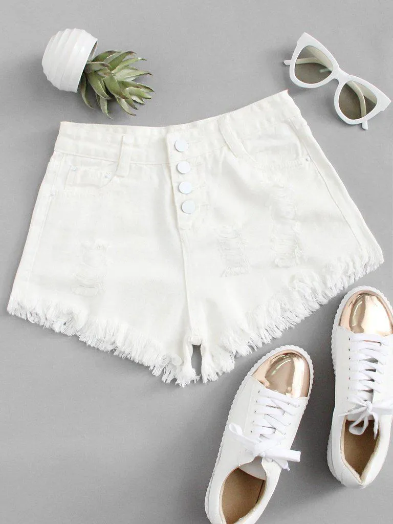 Button Up Raw Hem Denim Shorts