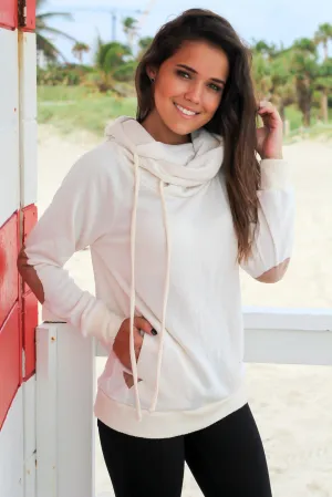 Cream Cowl Neck Hoodie with Suede Details