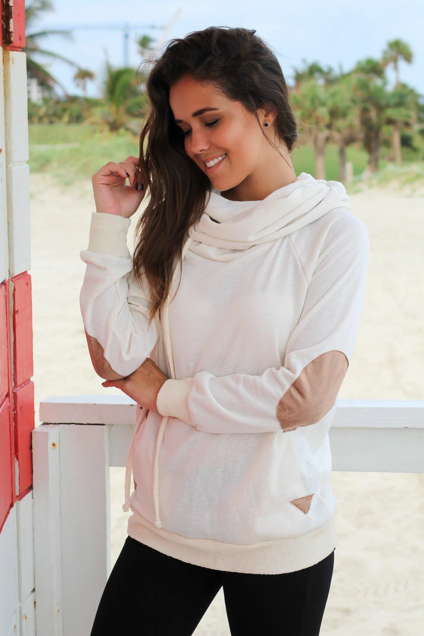 Cream Cowl Neck Hoodie with Suede Details