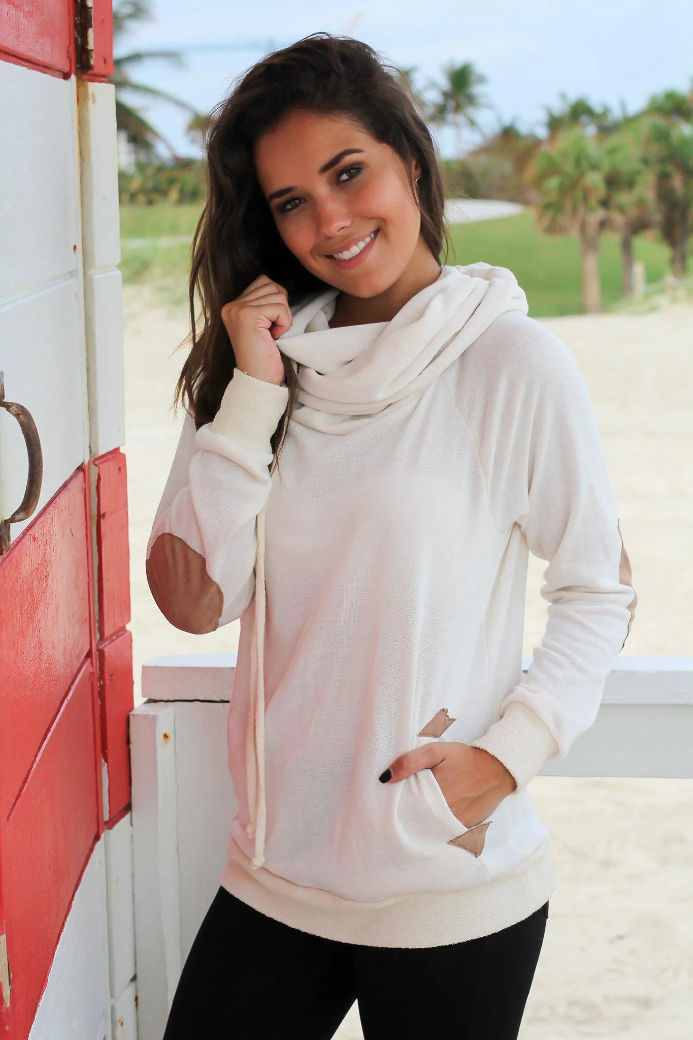 Cream Cowl Neck Hoodie with Suede Details