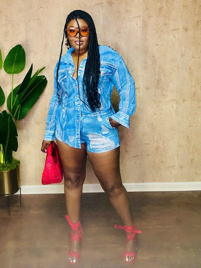 DENIM PRINTED SHORT SET