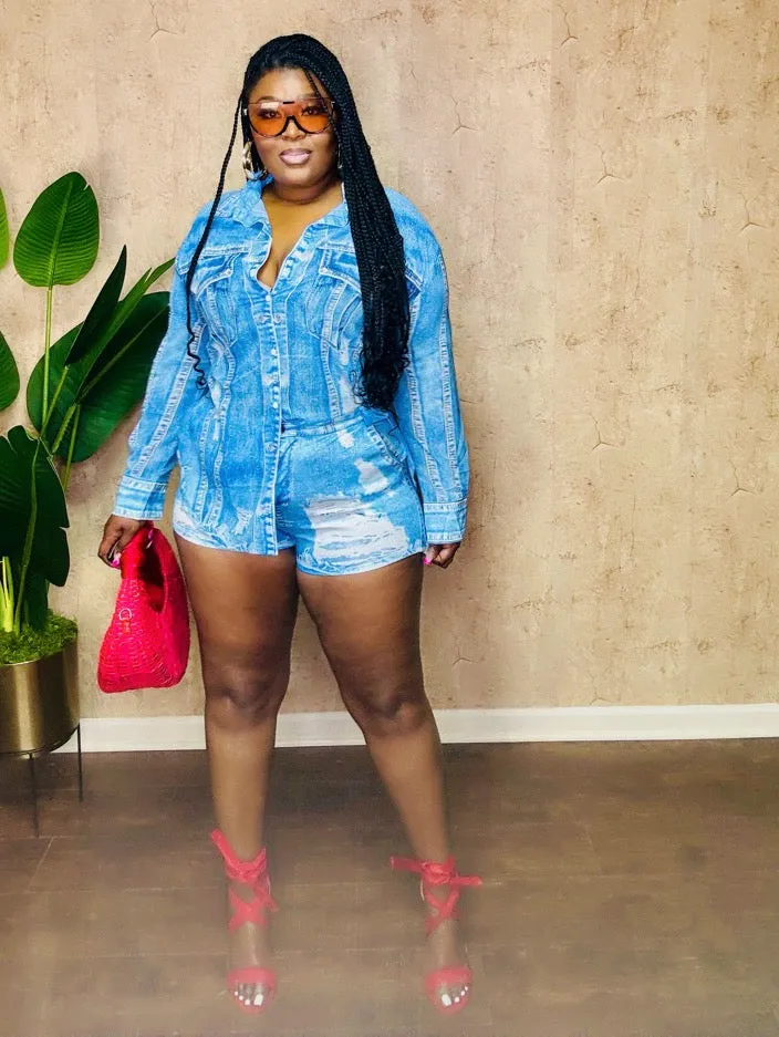 DENIM PRINTED SHORT SET