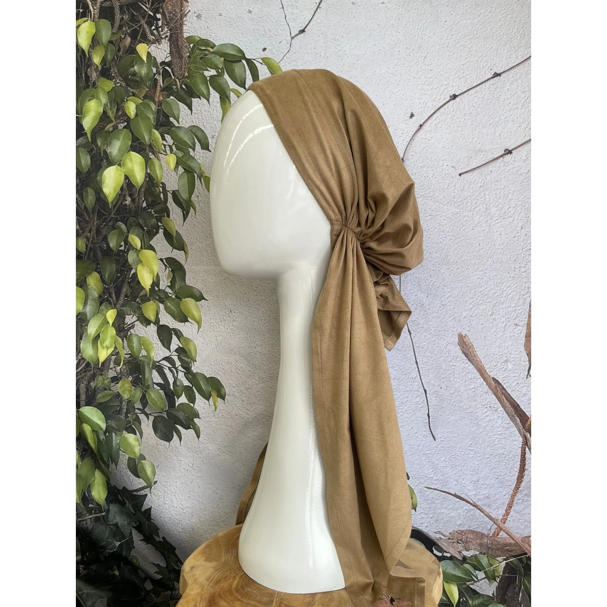 Faux Suede Stretchy Pretied, Sand, w/ Long Tails   Velvet Band/Adjustable