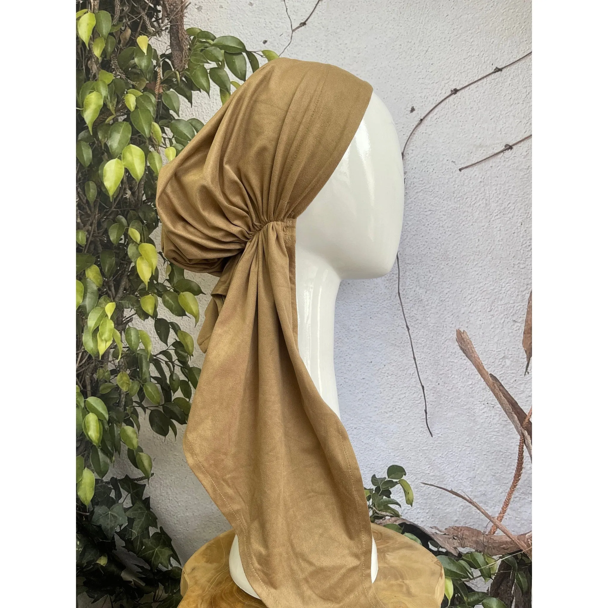 Faux Suede Stretchy Pretied, Sand, w/ Long Tails   Velvet Band/Adjustable