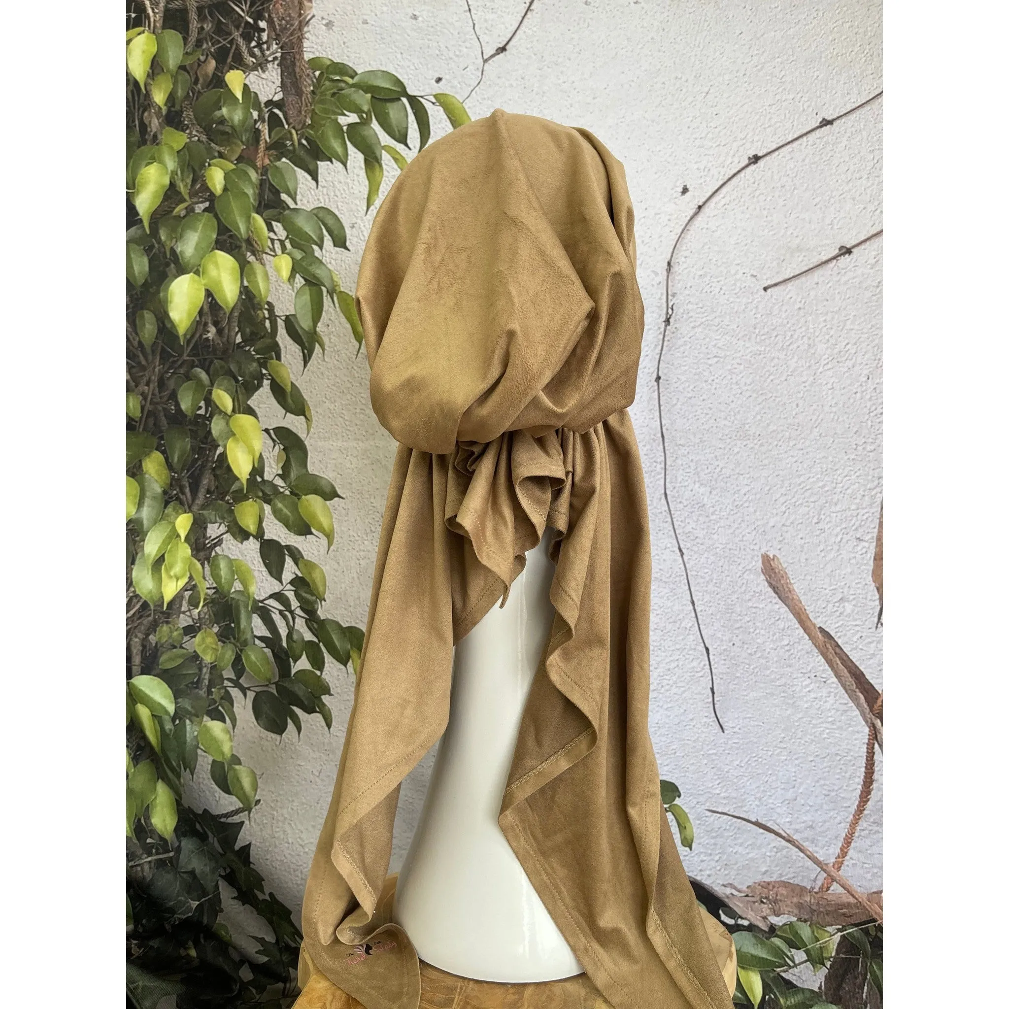 Faux Suede Stretchy Pretied, Sand, w/ Long Tails   Velvet Band/Adjustable