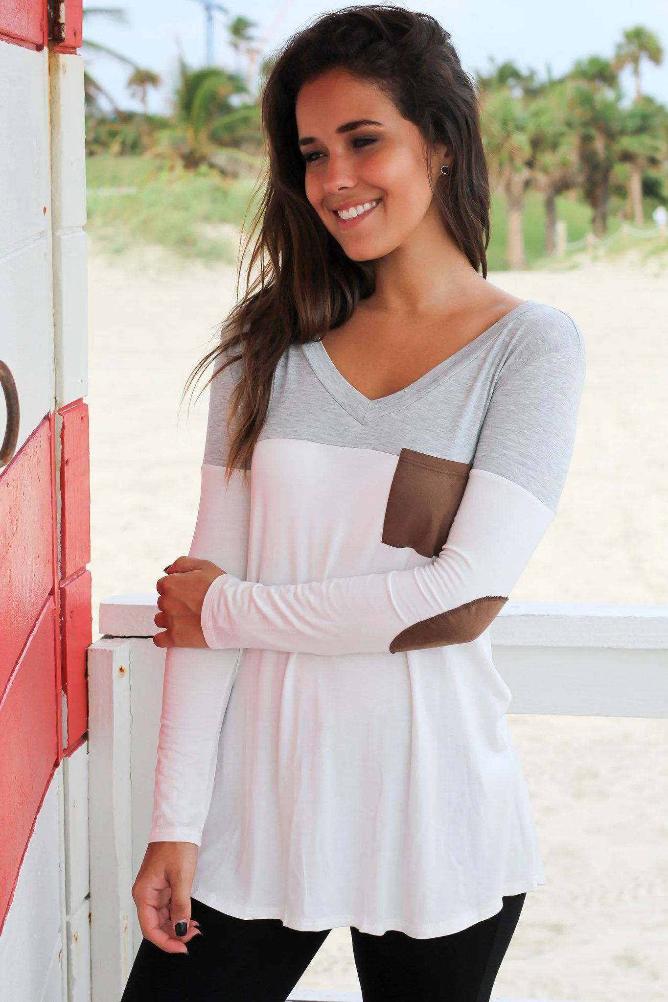 Heather Gray and White Top with Elbow Patches