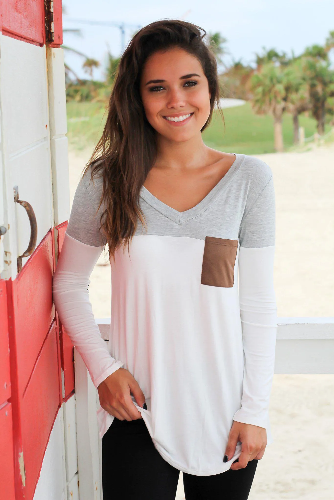 Heather Gray and White Top with Elbow Patches