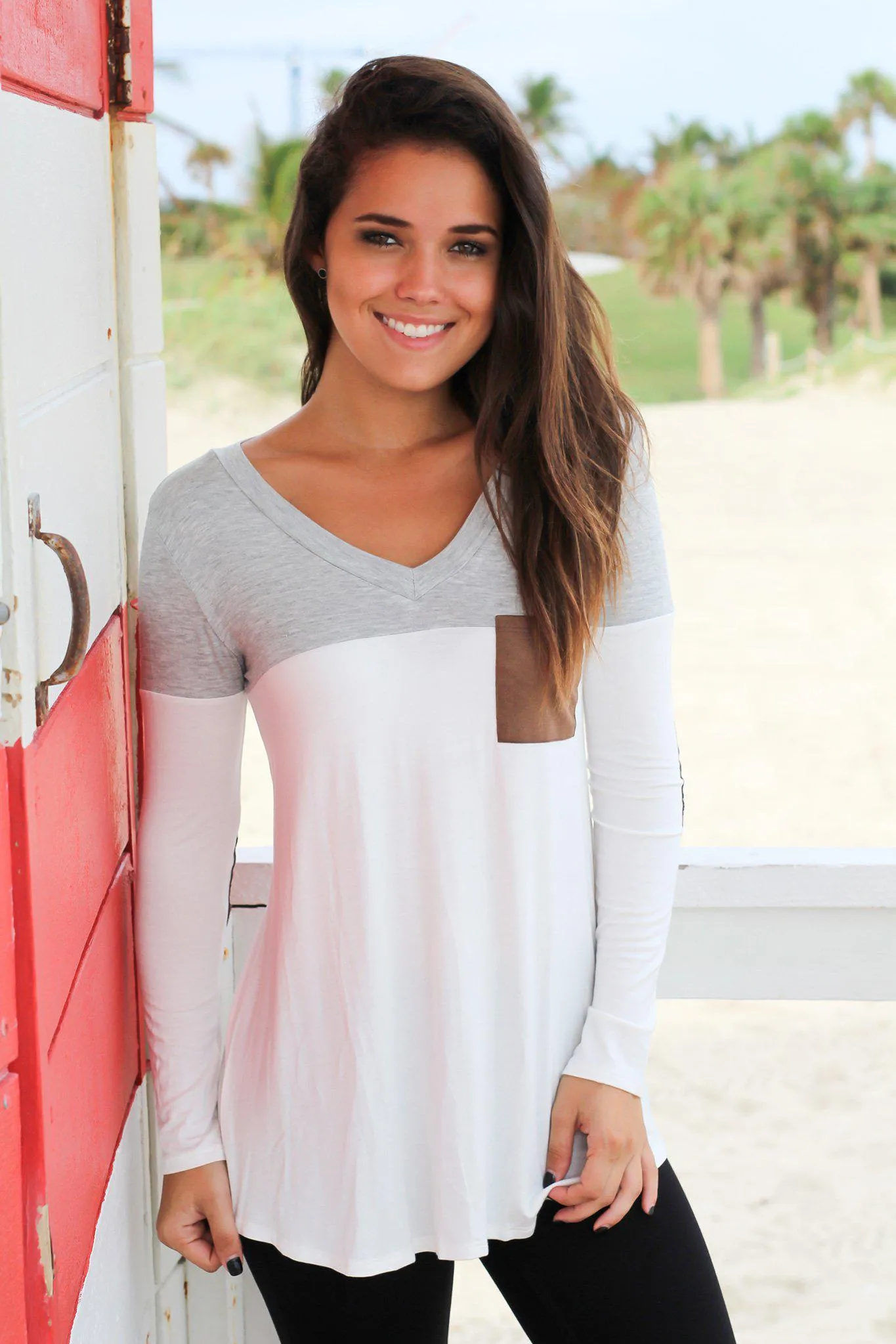 Heather Gray and White Top with Elbow Patches
