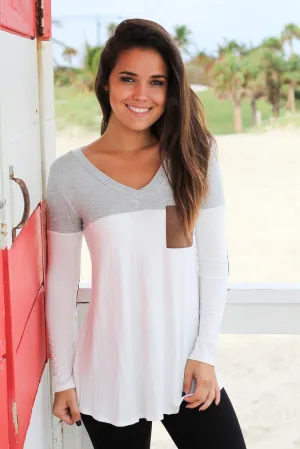 Heather Gray and White Top with Elbow Patches