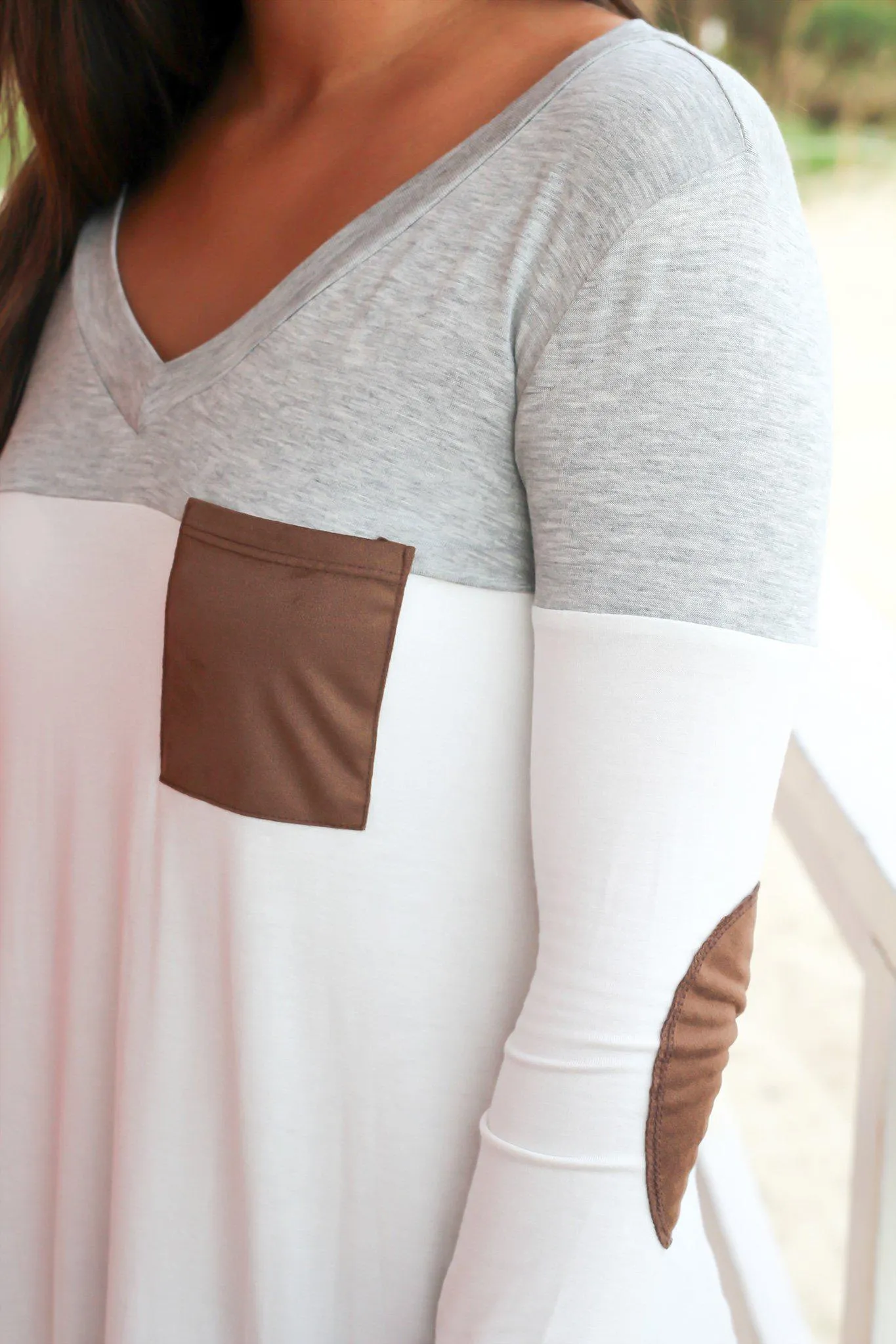 Heather Gray and White Top with Elbow Patches