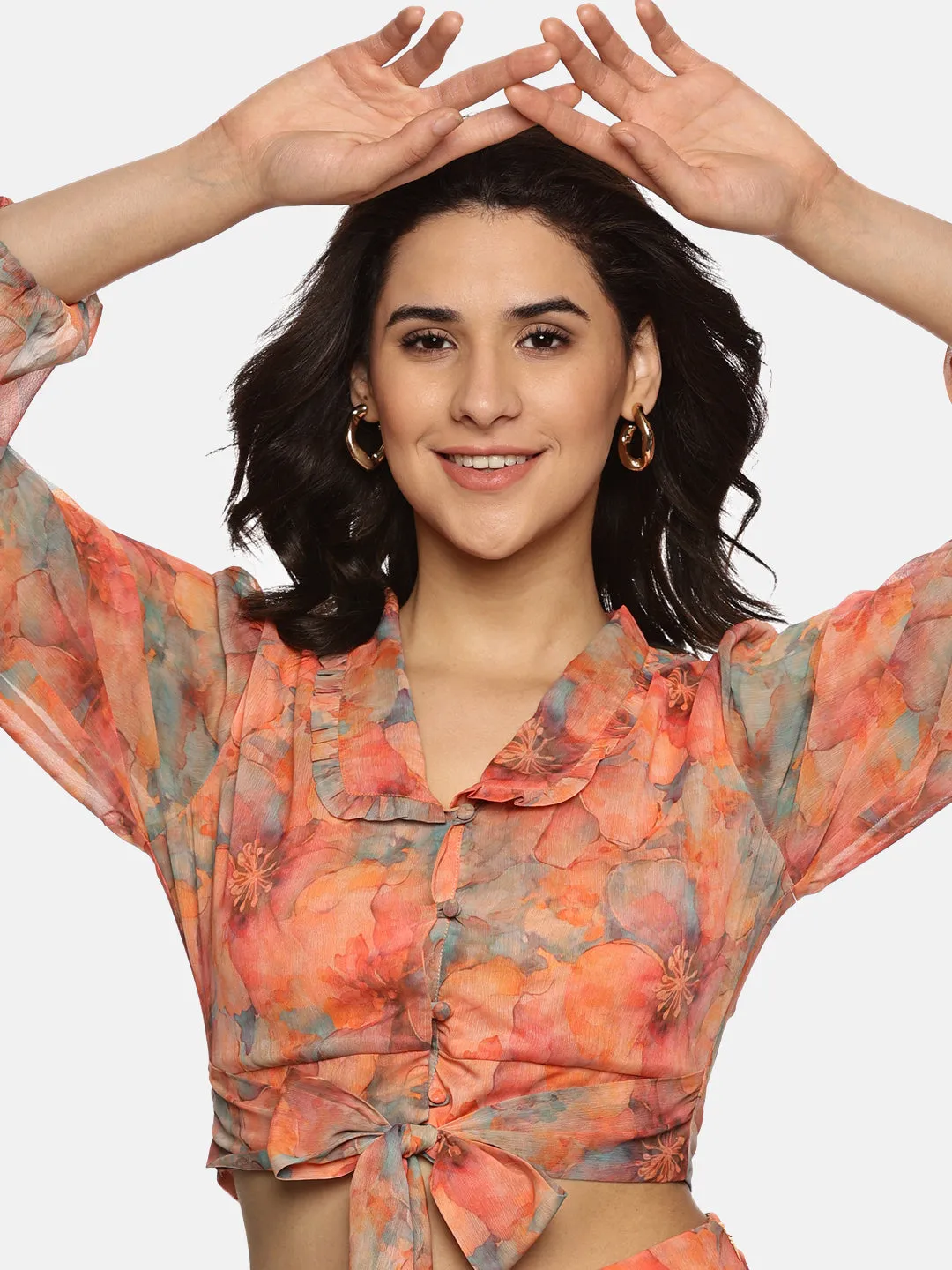 IS.U Floral Orange Front Tie-Knot Crop Top