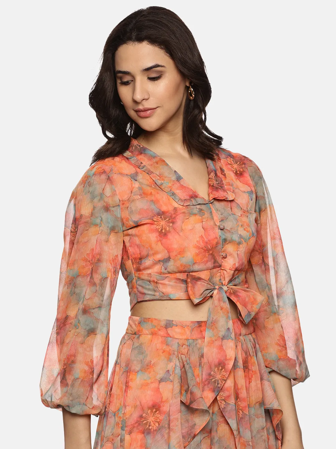 IS.U Floral Orange Front Tie-Knot Crop Top