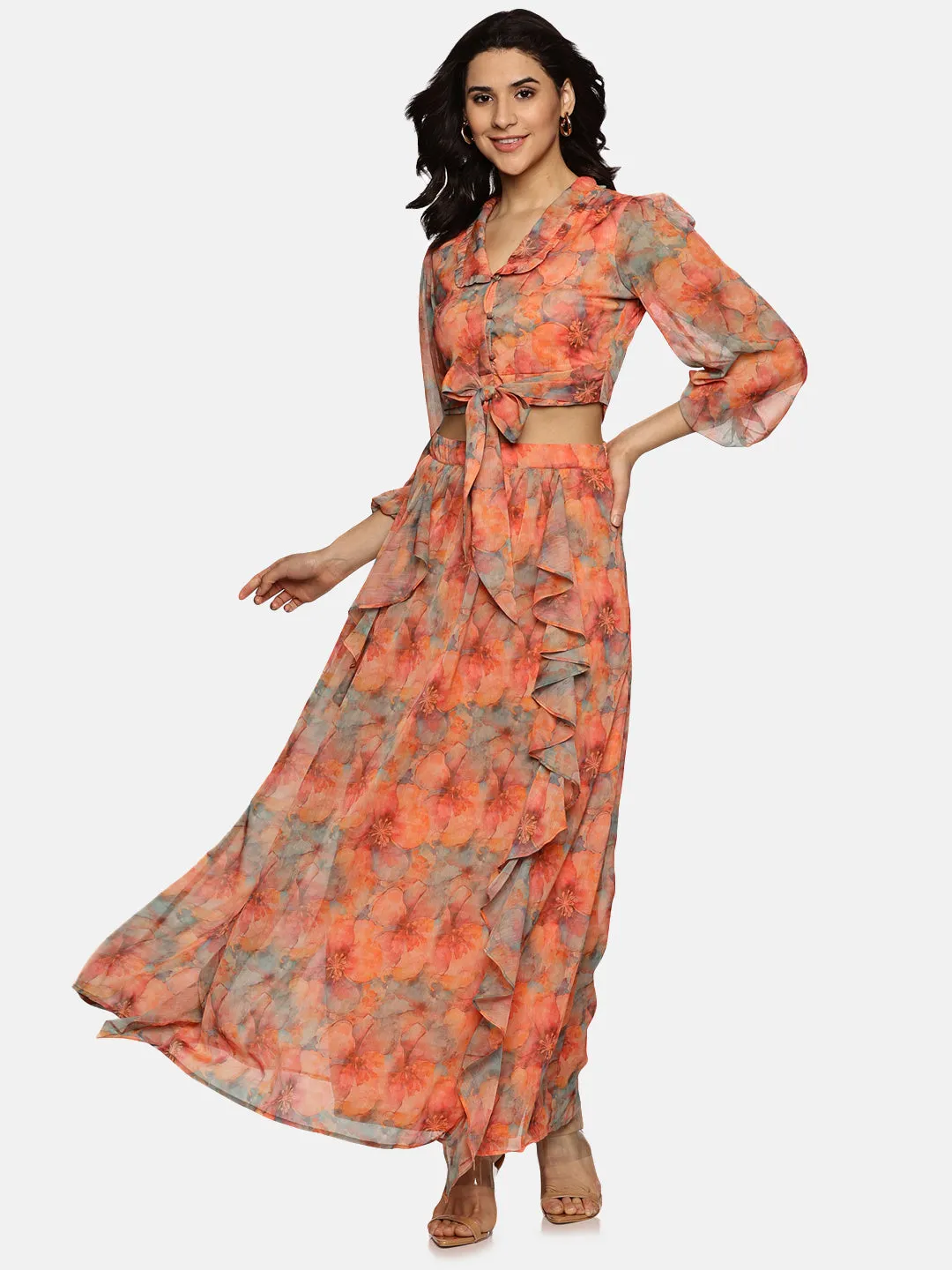 IS.U Floral Orange Front Tie-Knot Crop Top