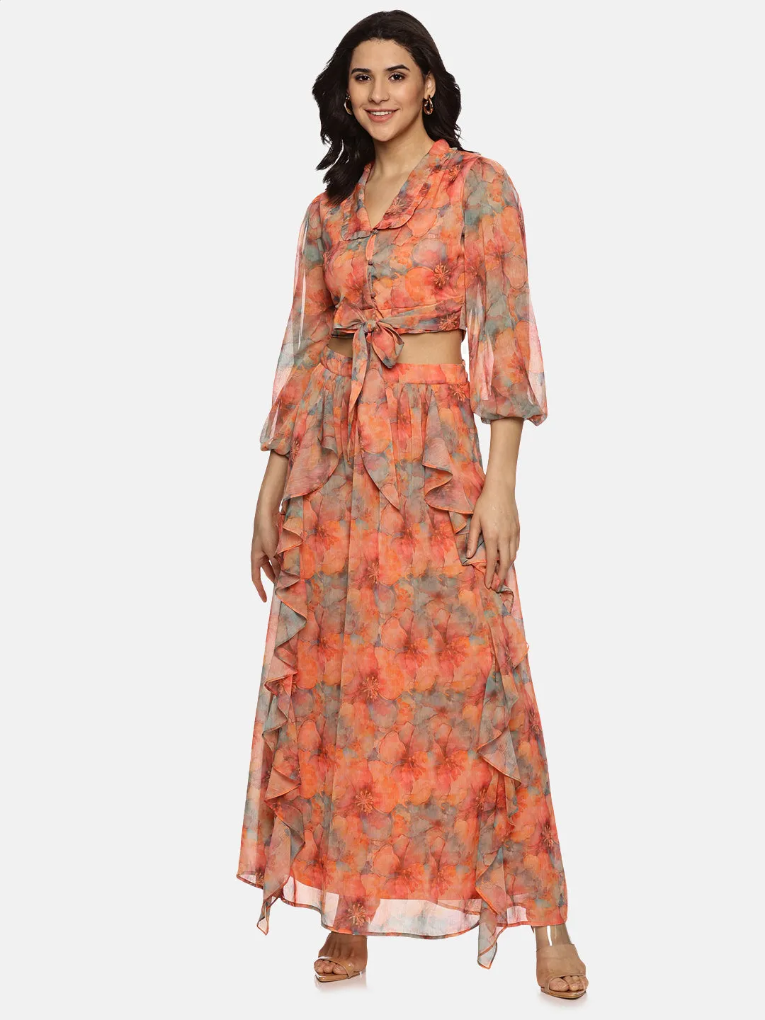 IS.U Floral Orange Front Tie-Knot Crop Top