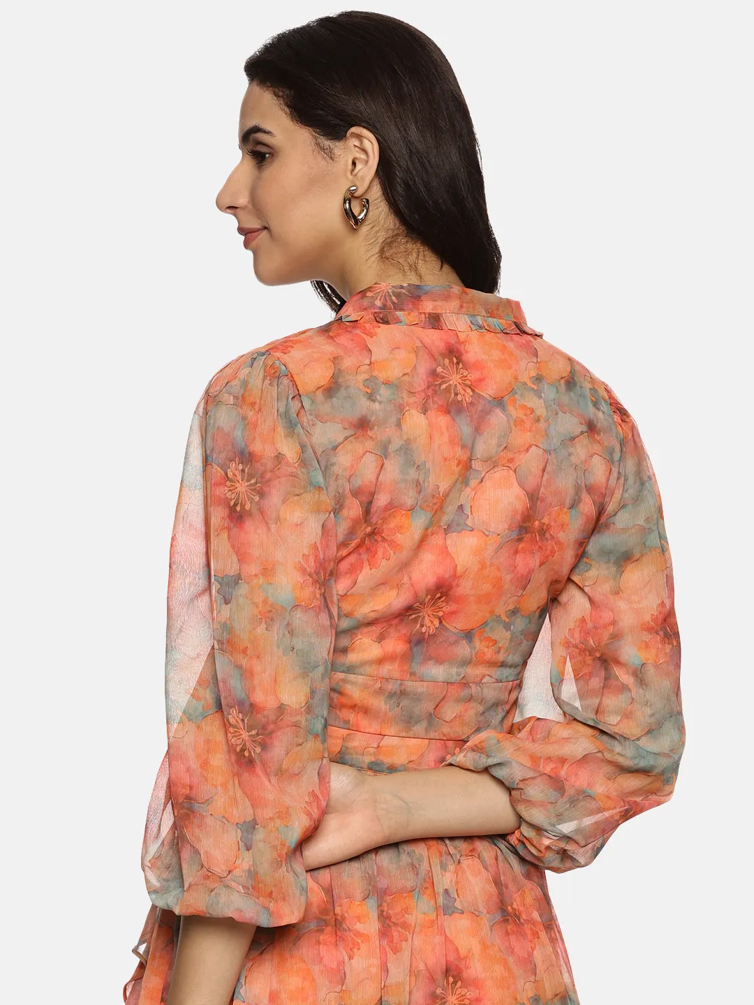 IS.U Floral Orange Front Tie-Knot Crop Top