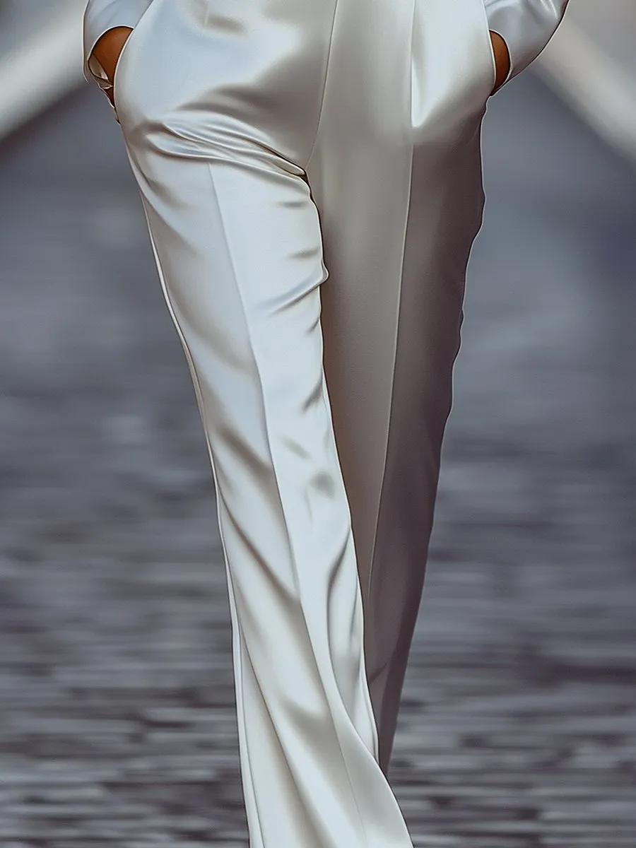 Ivory Satin Wide-Leg Pants with Tailored Fit
