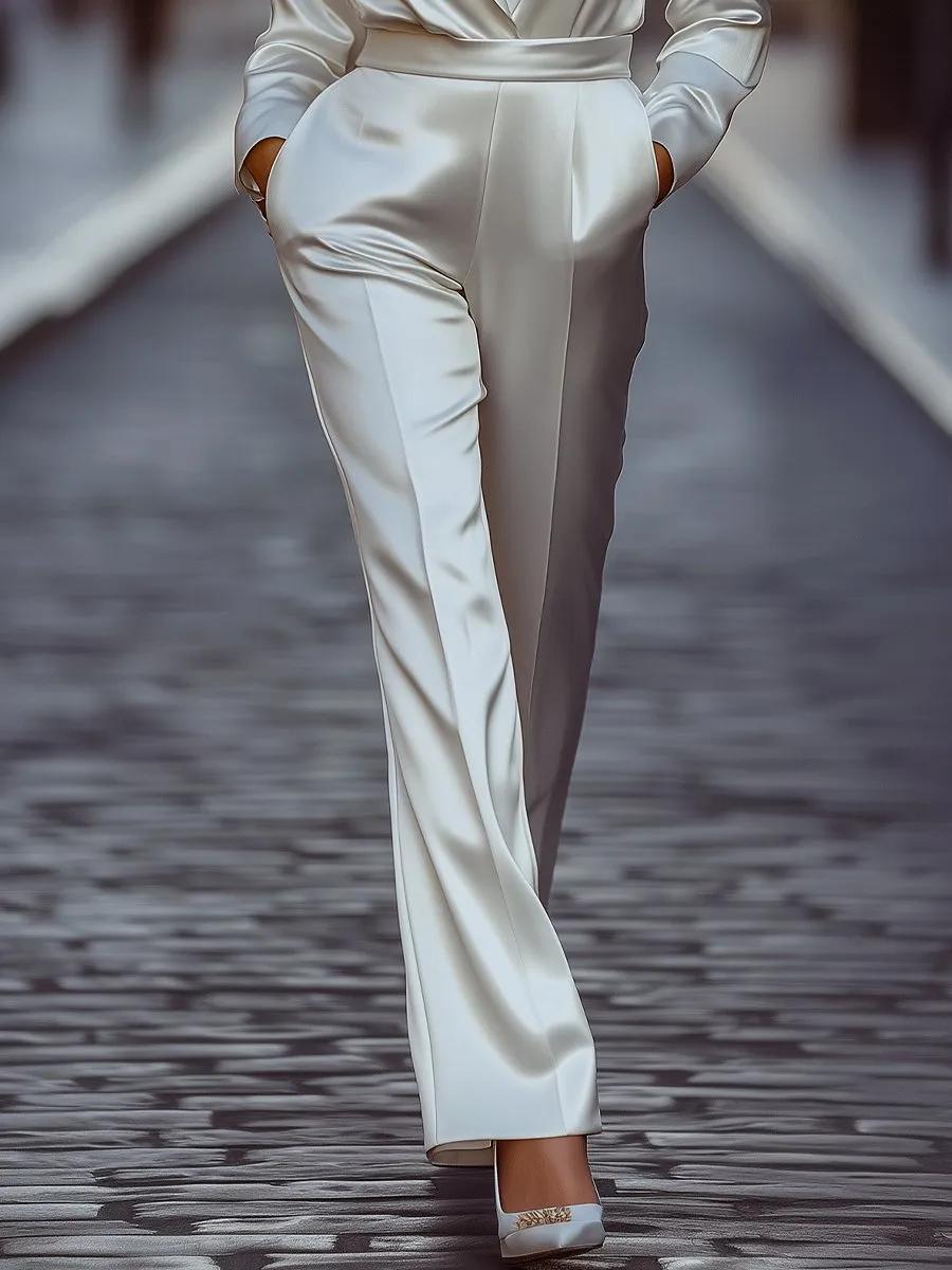 Ivory Satin Wide-Leg Pants with Tailored Fit