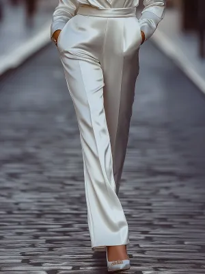 Ivory Satin Wide-Leg Pants with Tailored Fit