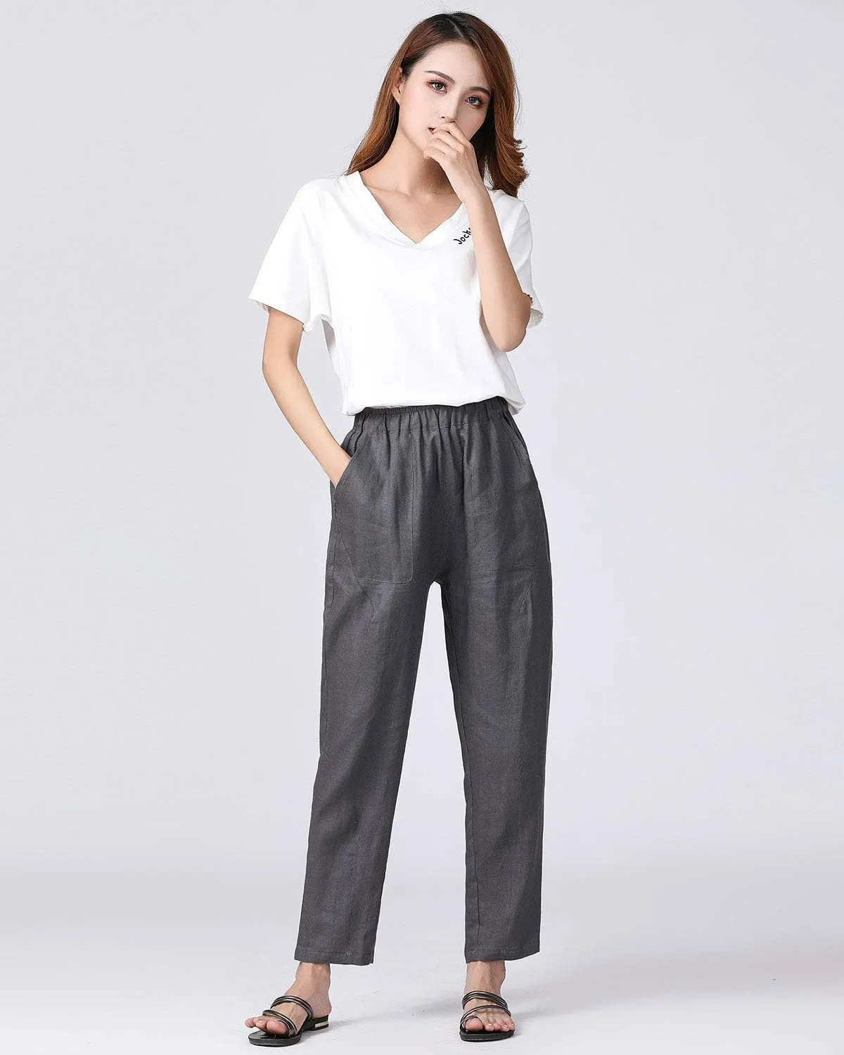 IXIMO Women's 100% Linen Capris Elastic Waist Tapered Cropped Pants with Pockets