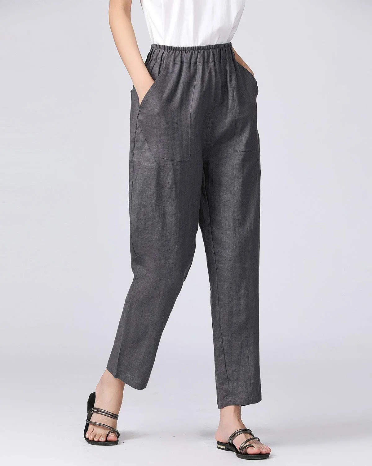 IXIMO Women's 100% Linen Capris Elastic Waist Tapered Cropped Pants with Pockets