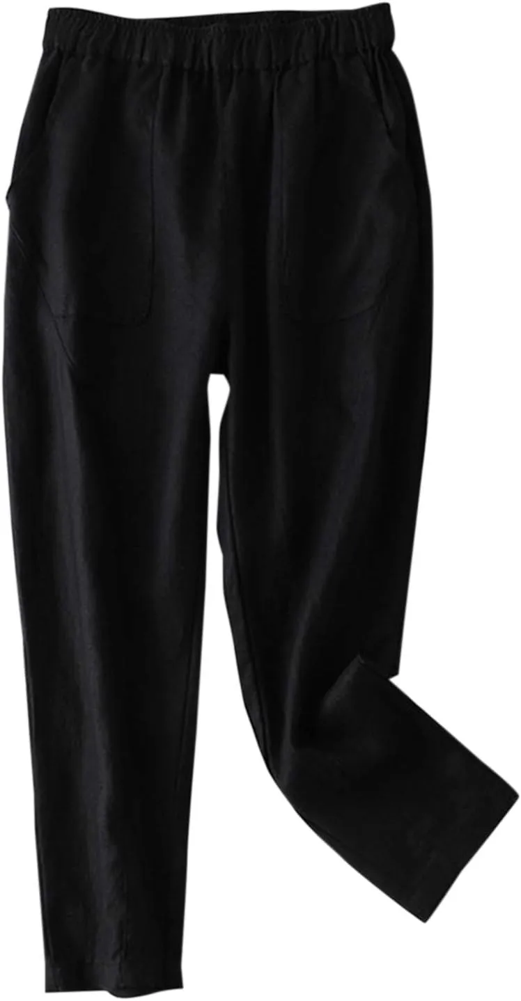IXIMO Women's 100% Linen Capris Elastic Waist Tapered Cropped Pants with Pockets
