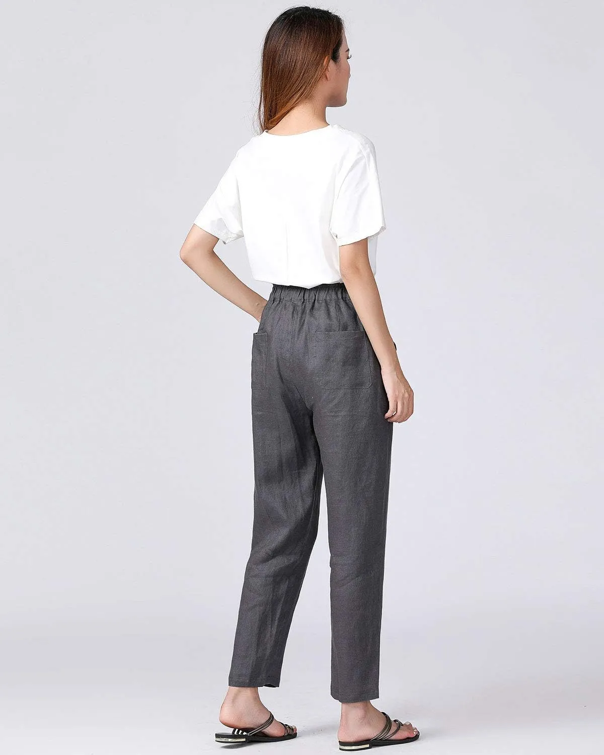 IXIMO Women's 100% Linen Capris Elastic Waist Tapered Cropped Pants with Pockets