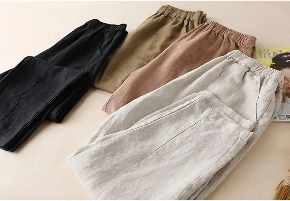 IXIMO Women's 100% Linen Capris Elastic Waist Tapered Cropped Pants with Pockets
