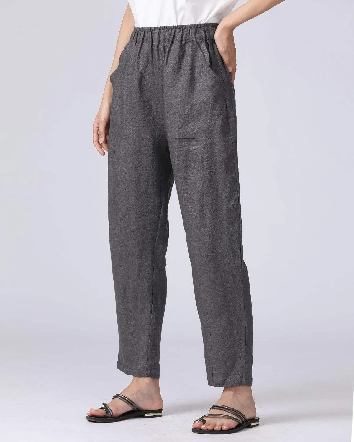 IXIMO Women's 100% Linen Capris Elastic Waist Tapered Cropped Pants with Pockets