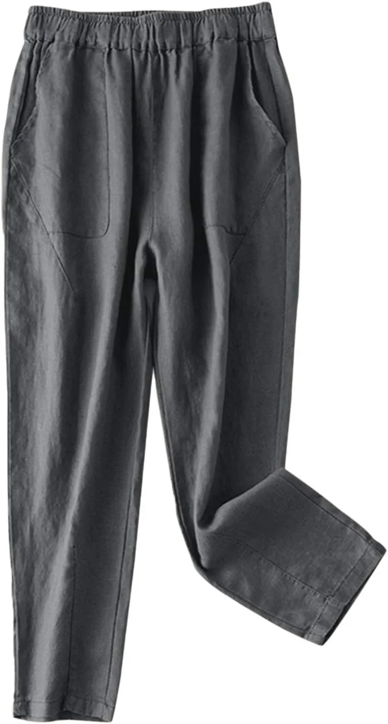 IXIMO Women's 100% Linen Capris Elastic Waist Tapered Cropped Pants with Pockets