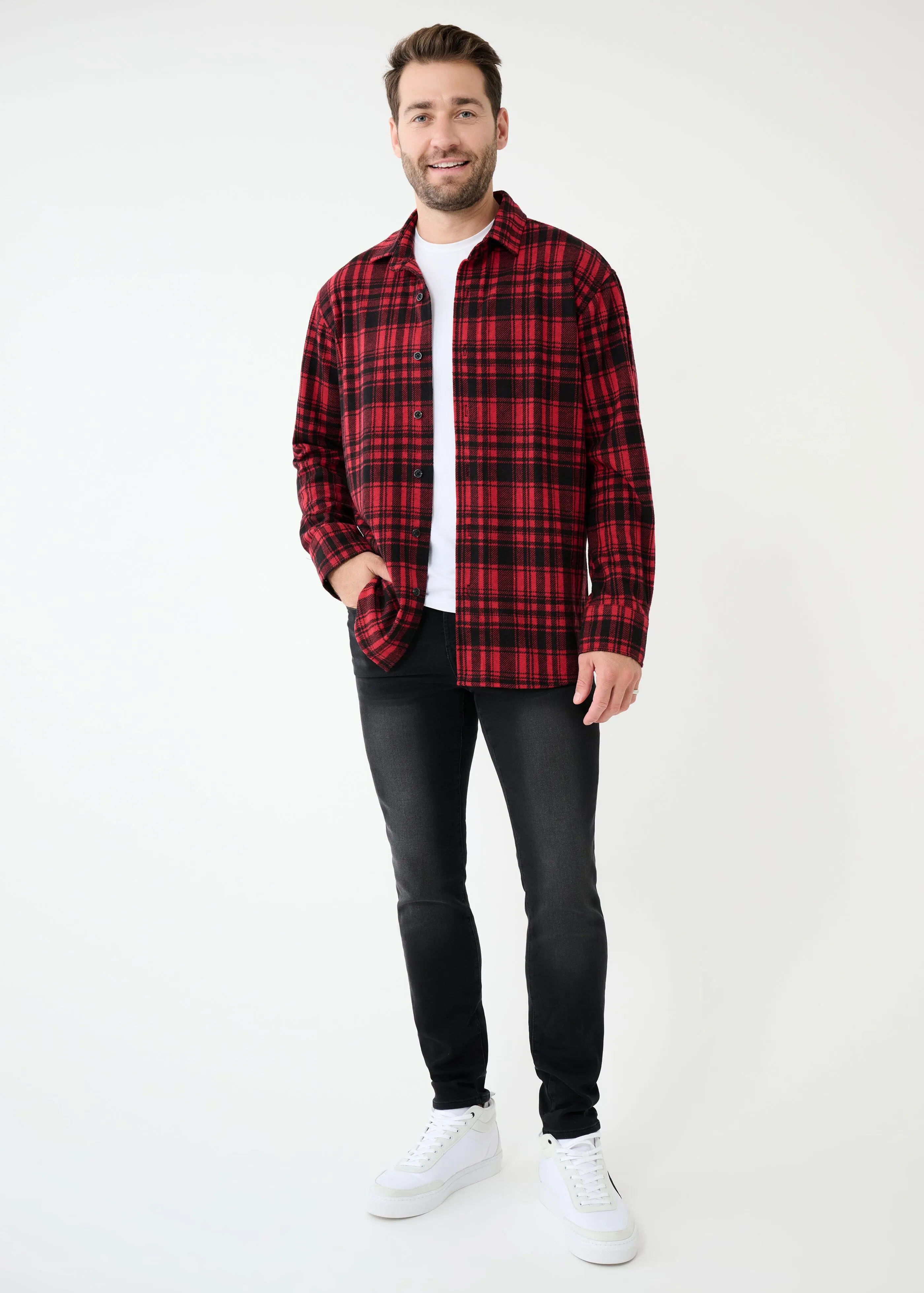 Knit Stretch Flannel Shirt | Red Plaid