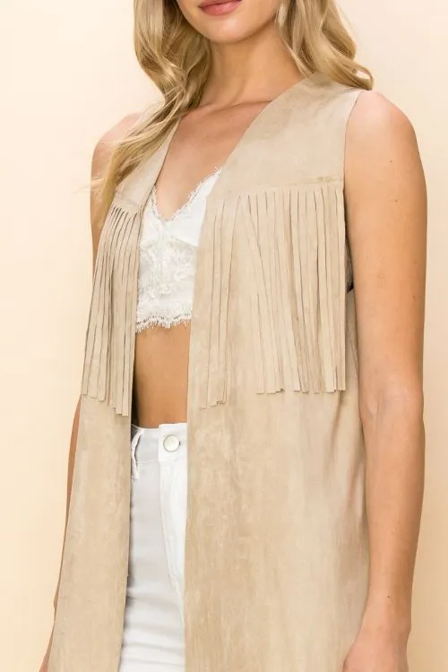 Layered Fringe Open Front Faux Suede Vest CREAM  #268