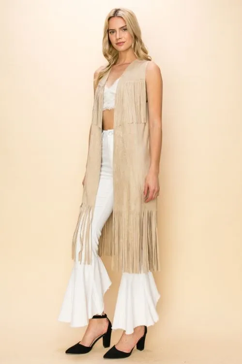 Layered Fringe Open Front Faux Suede Vest CREAM  #268