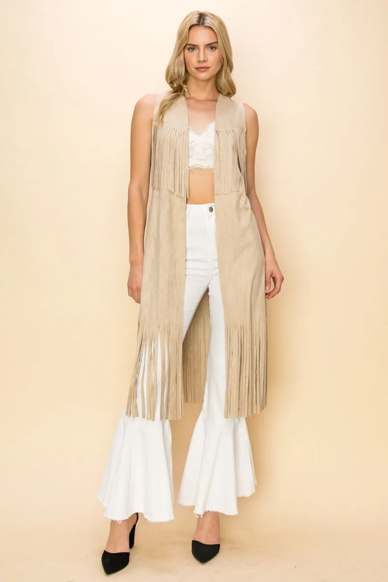 Layered Fringe Open Front Faux Suede Vest CREAM  #268