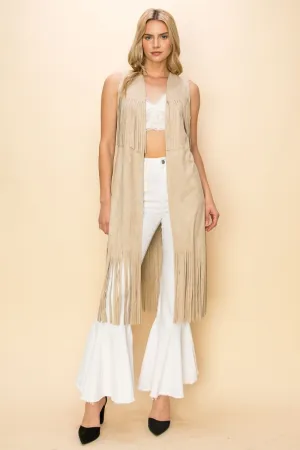 Layered Fringe Open Front Faux Suede Vest CREAM  #268