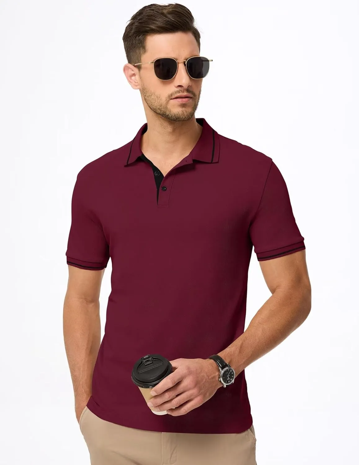 Men's Polo Shirts Classic Fit Button Up Short Sleeve Basic Cotton Tees Golf Work Tops