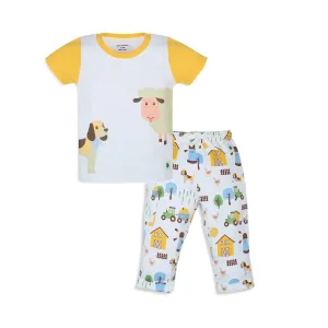 My Milestones Bio-Wash Short Sleeves Color Block Tee & Jogger Set with Barnyard Animal Placement Print - White