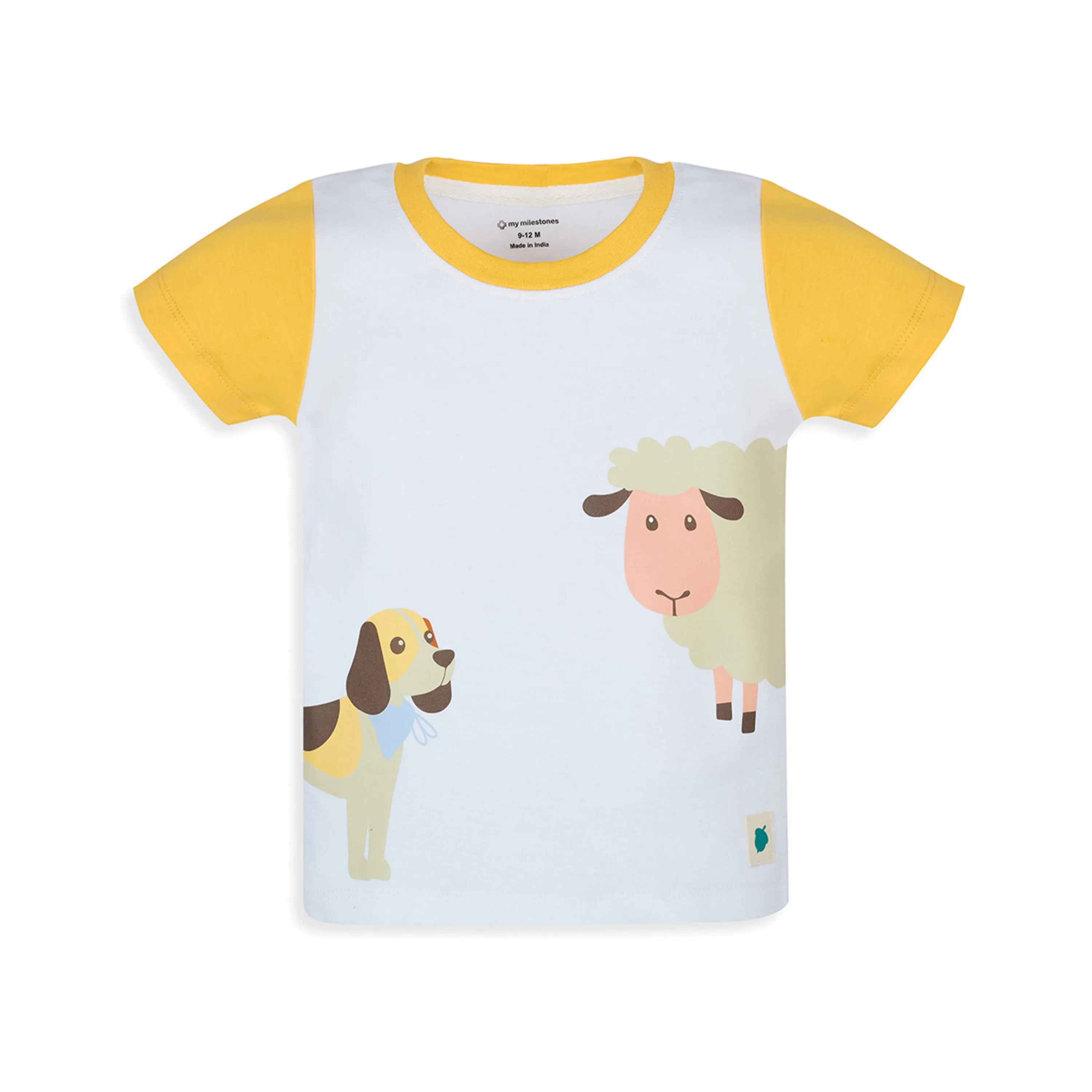 My Milestones Bio-Wash Short Sleeves Color Block Tee & Jogger Set with Barnyard Animal Placement Print - White