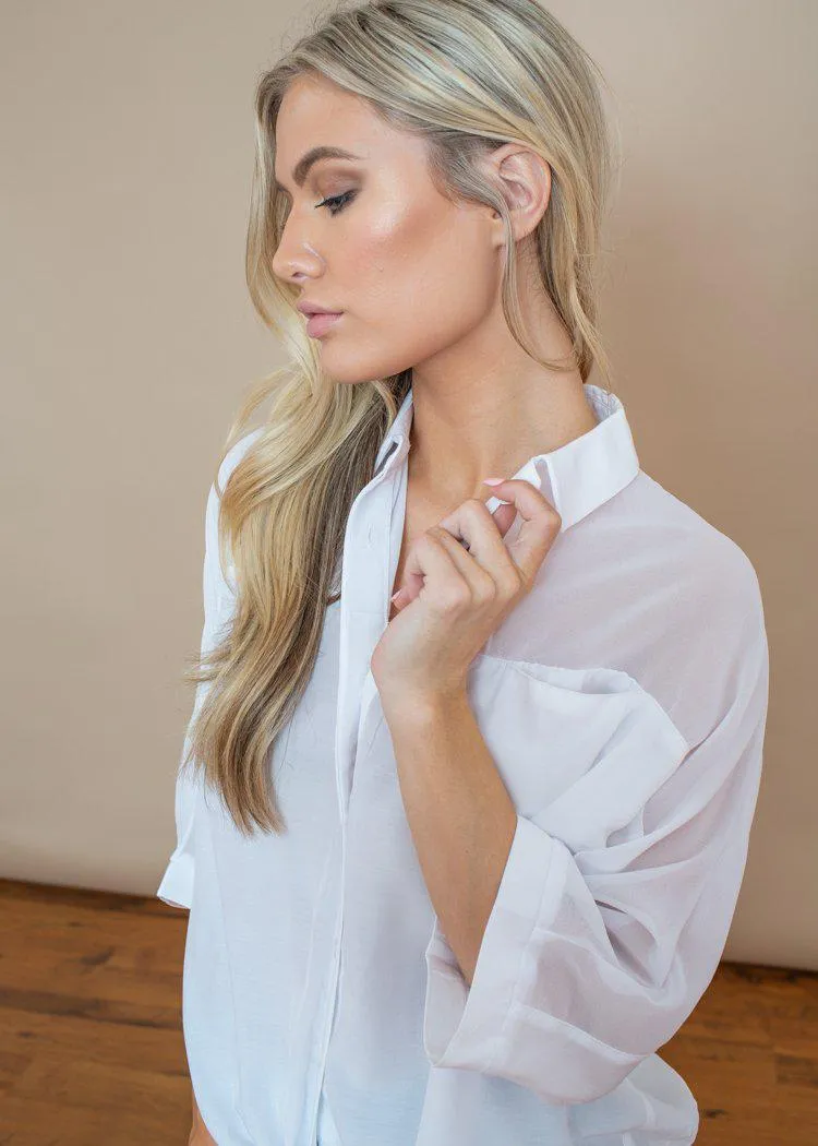 Pinch White Button Up Tie Front Sheer Blouse