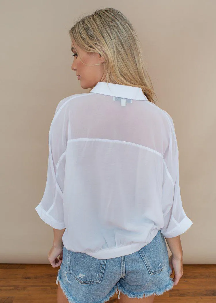 Pinch White Button Up Tie Front Sheer Blouse