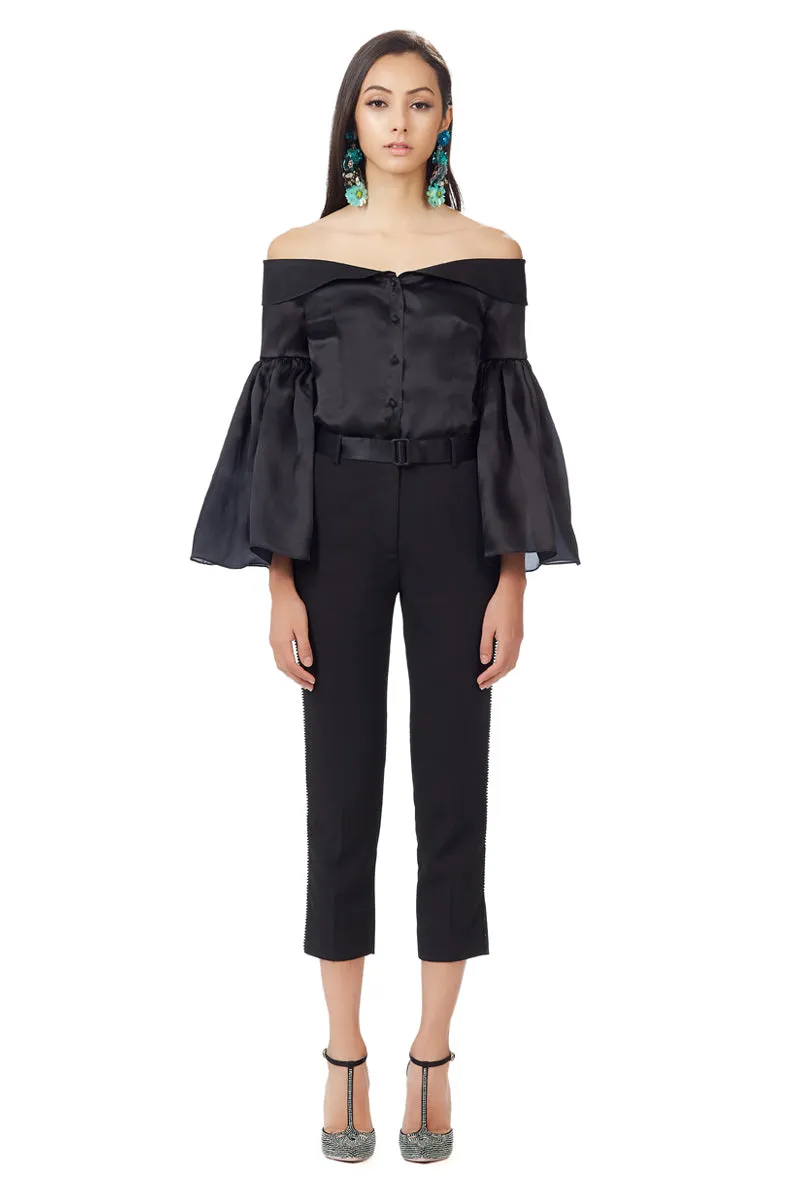 Silk Gazar Off Shoulder Bell Sleeves Top in Black