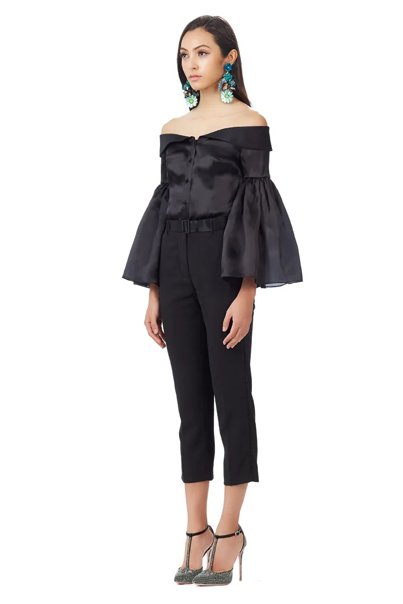 Silk Gazar Off Shoulder Bell Sleeves Top in Black