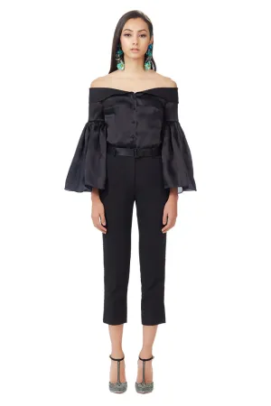 Silk Gazar Off Shoulder Bell Sleeves Top in Black