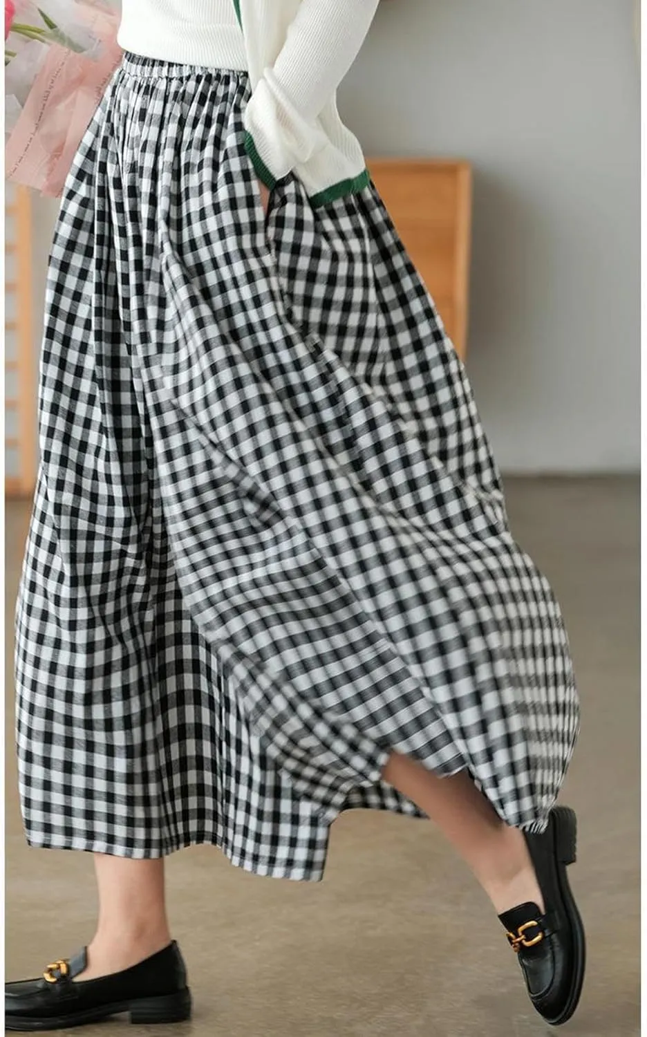 SOMTHRON Women's Summer Cotton Linen Wide Leg Culottes Pants Elastic Waist Plaid Gingham Capri Palazzo Pants